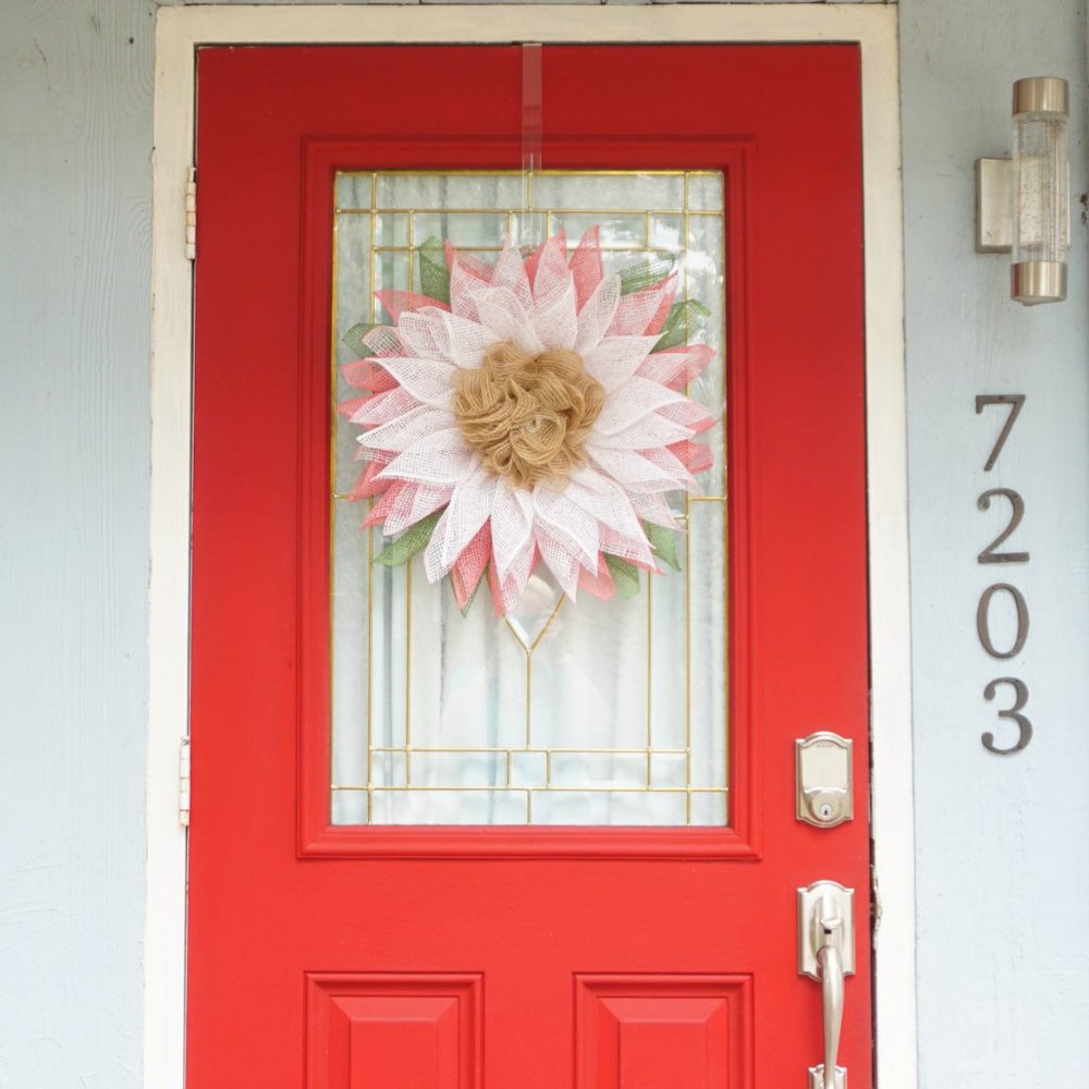 Ombre White to Pink Flower Wreath with Green Leaves and Burlap Center